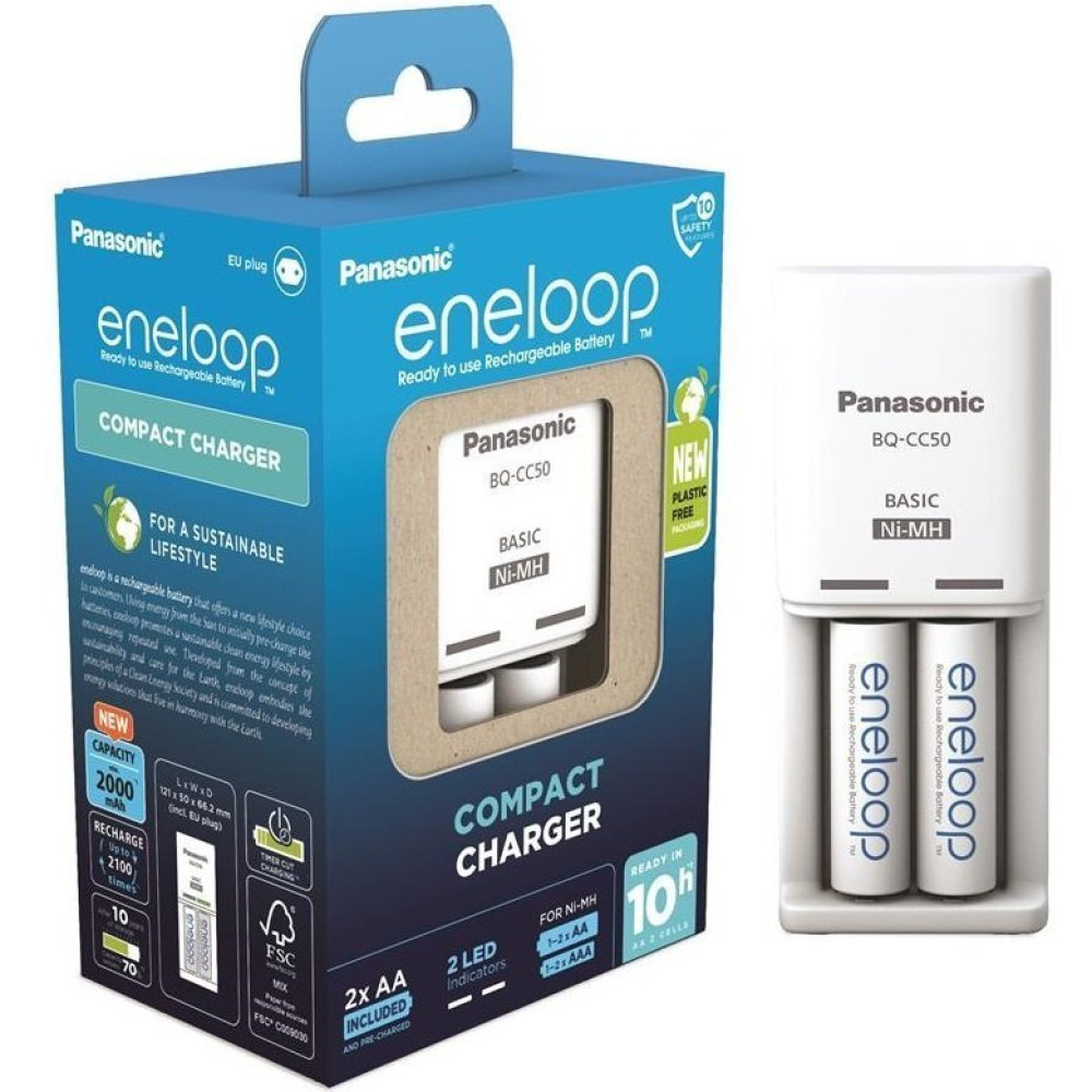 Зарядний пристрій Panasonic K-KJ50MCD20E Compact Charger+ Акумулятор Eneloop NI-MH AA 2000 мАг, 2 шт.