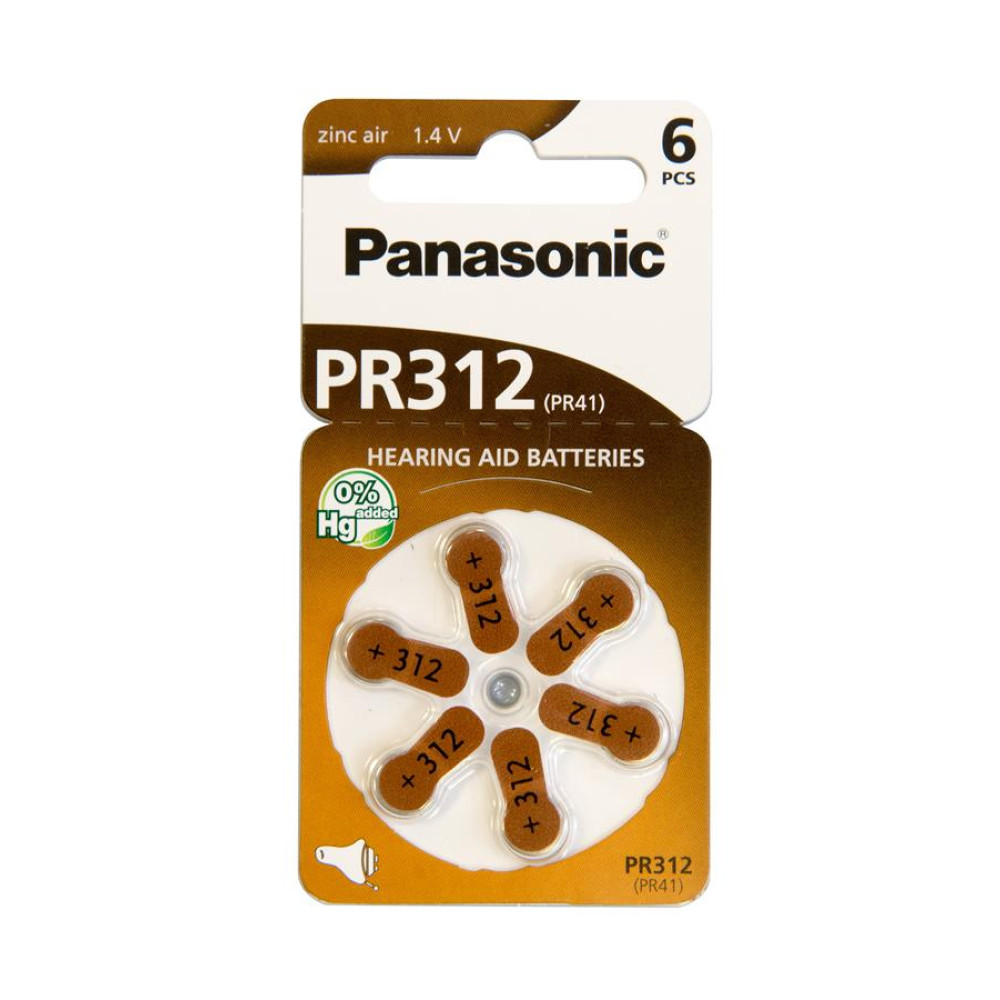 Батарейка Panasonic PR-312/6LB повітряно-цинкова PR312(312A, AC312E/EZ, PR312H, PR41, ZA312, DA312) блістер, 6 шт.